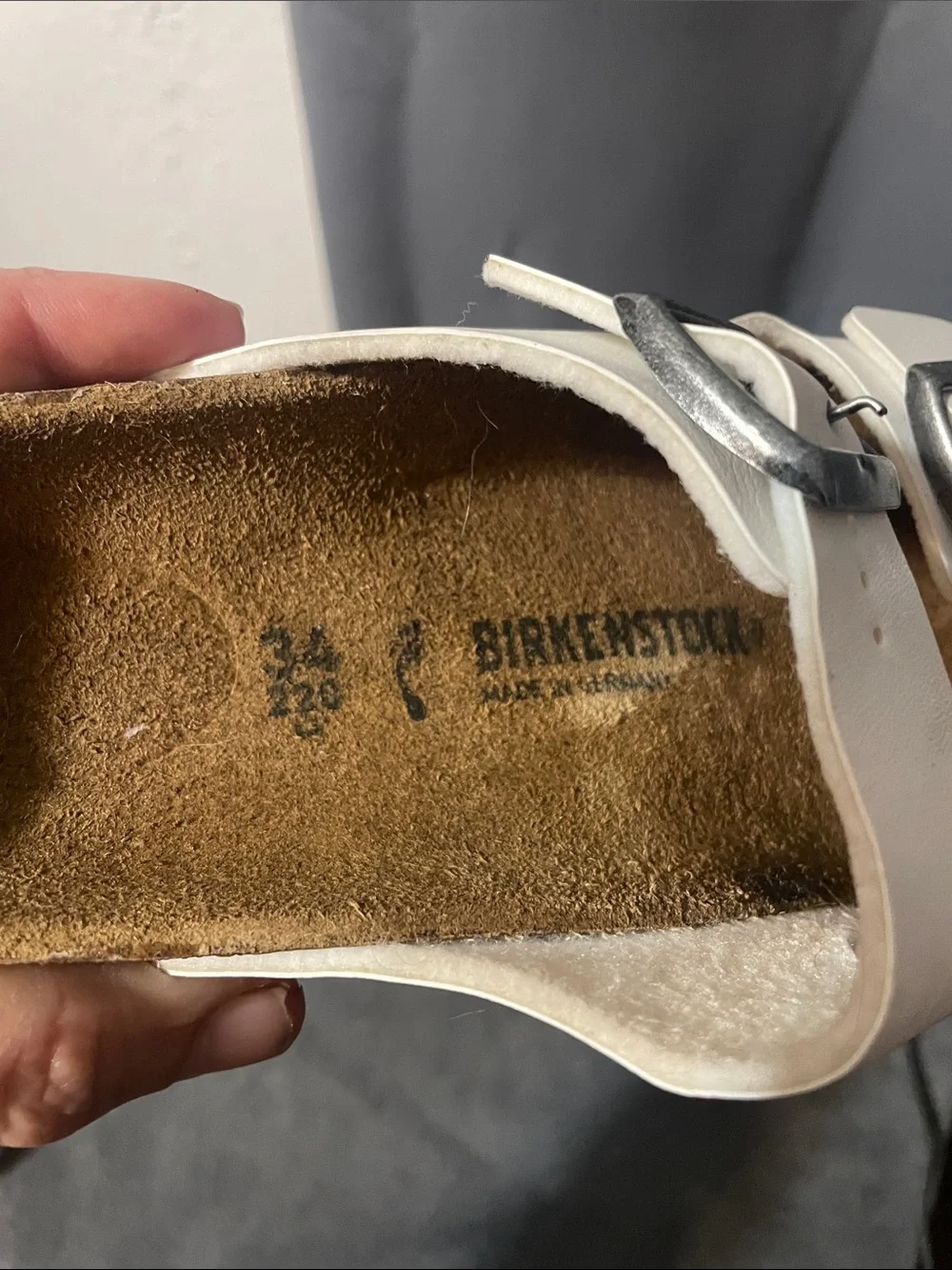 Birkenstock Arizona  White Two-Strap Women’s size 4/34 Sandals Silver Buckle